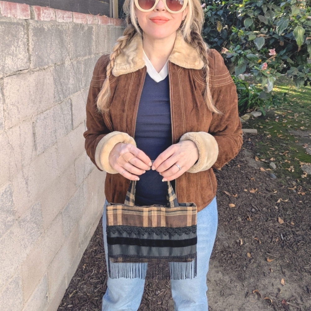 90s VTG Brown Plaid Fringe Mini Bag - Picture 4 of 11